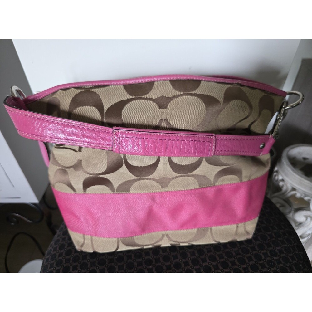 Vintage COACH Pink Stripe SIGNATURE Hobo Bag Jacquard PURSE F13581 GuC